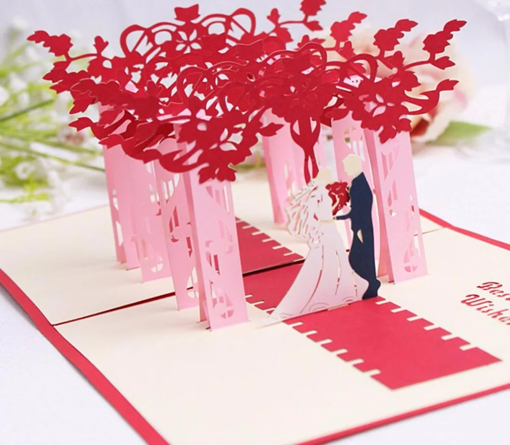  10pcs 3D Red Trees Forest Couple Handmade Kirigami Origami Wedding Party Invitation Cards Greeding  - 32694321305