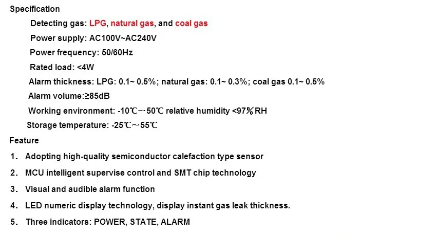 Высокочувствительный детектор утечки угольного газа LPG LNG датчик сигнализации