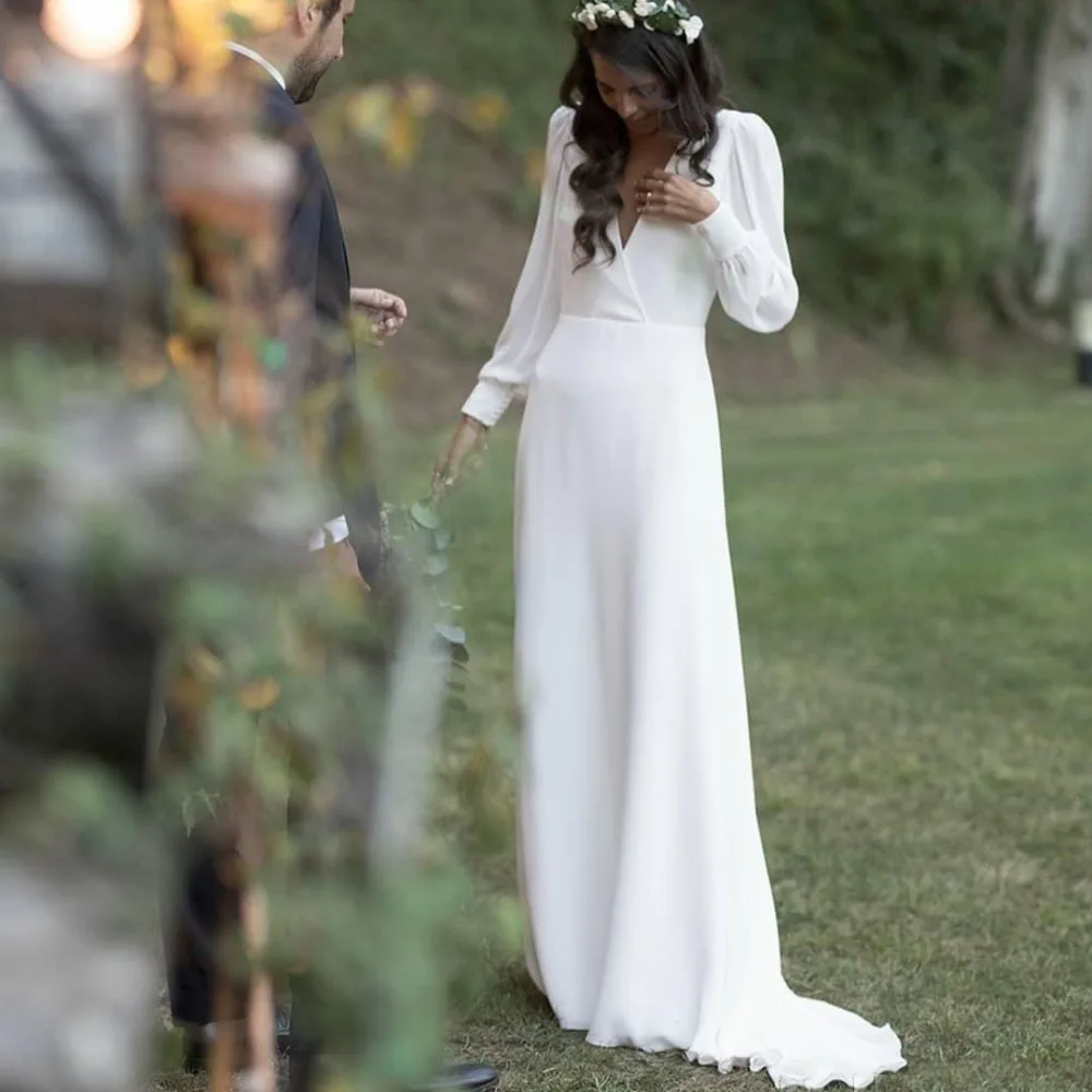 Летние свадебные платья Boho с длинным рукавом сексуальные шифоновые открытой
