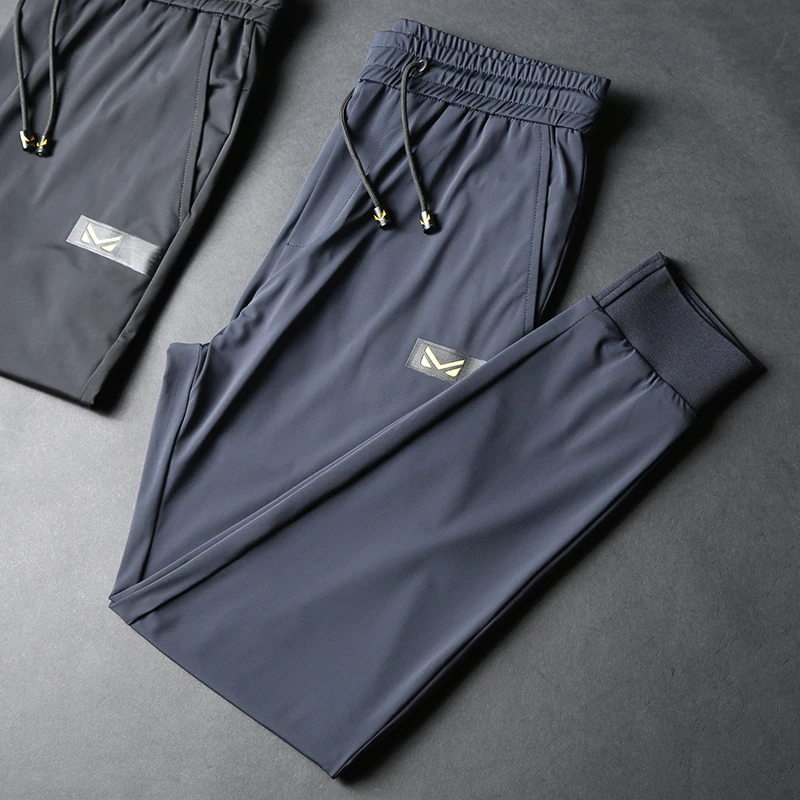 

DIYLIVE summer high-end light and thin pants men elastic ice silk fabric men's beam foot sweatpants slim casual pants