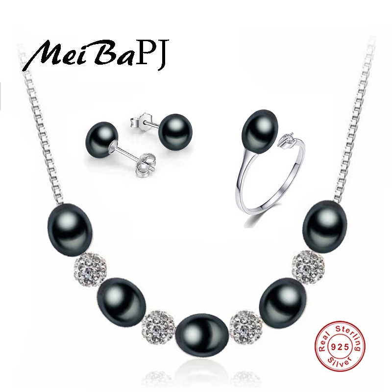 

[MeiBaPJ]2017 New 8-9mm AAAA Black Pearl Jewelry Set Real Solid Sterling Silver Wedding Party Jewelry For Women Gift Box