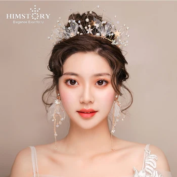 

HIMSTORY Sweet Handmade Silk Yarn Wedding Tiara Crowns with Earring Pearls Star Beads Bride Headbands Hair Jewelry