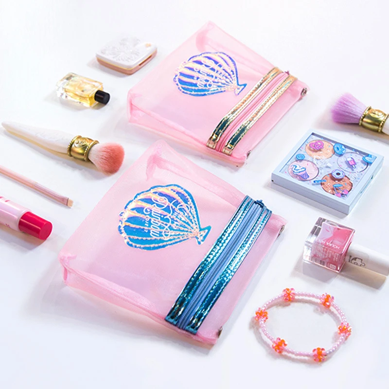 جديد الوردي شبكة التجميل حقيبة للنساء صغيرة الهولوغرام قذيفة ماكياج المنظم سستة لطيف الفتيات عملة جيب كيس التخزين