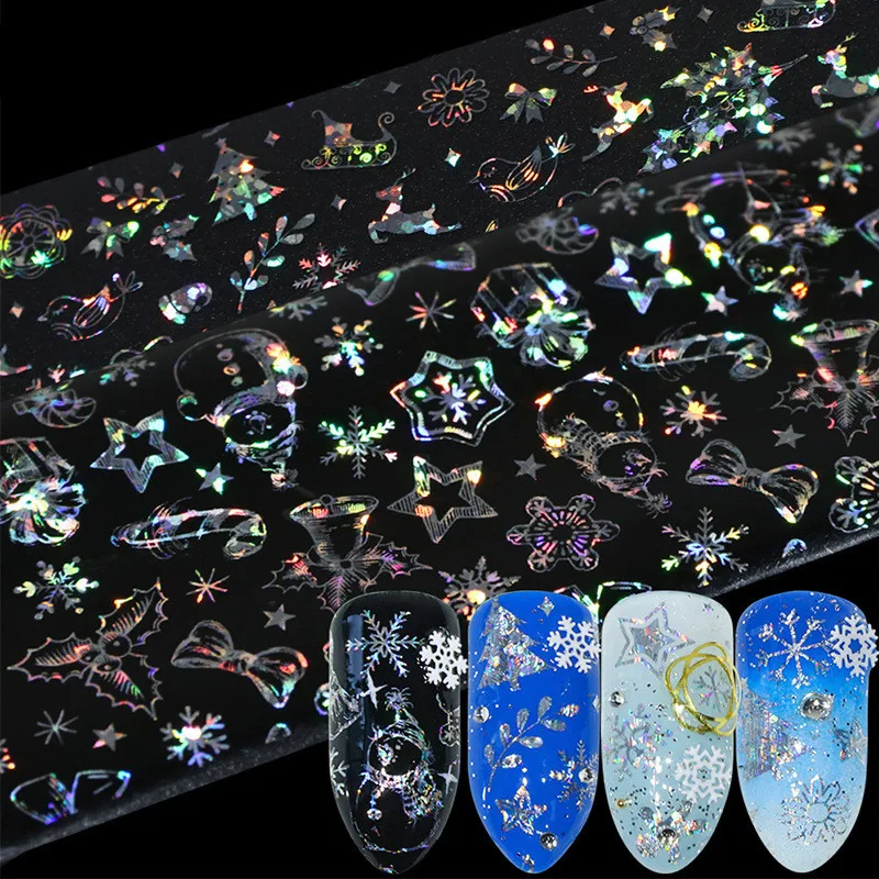 

8pcs Christmas Foils For Nail Holographic Laser Nails Transfer Foil Wraps Sticker Clear/Black Starry Tip Snowflake Elk Set