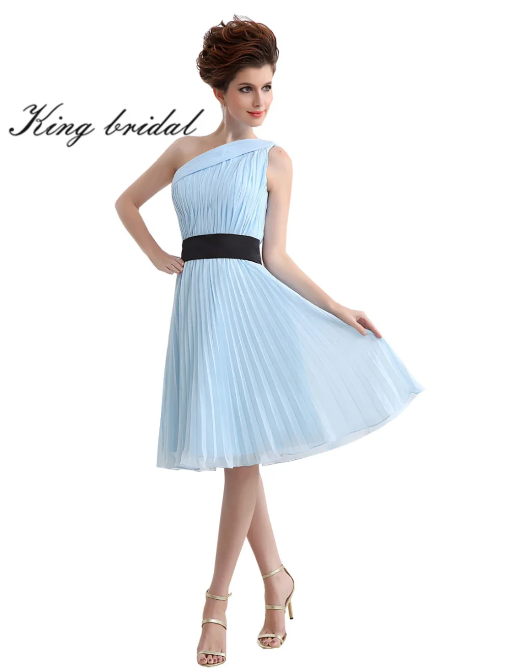 2017 One Shoulder Short Evening Dresses Sexy Blue Pleated Prom Gowns