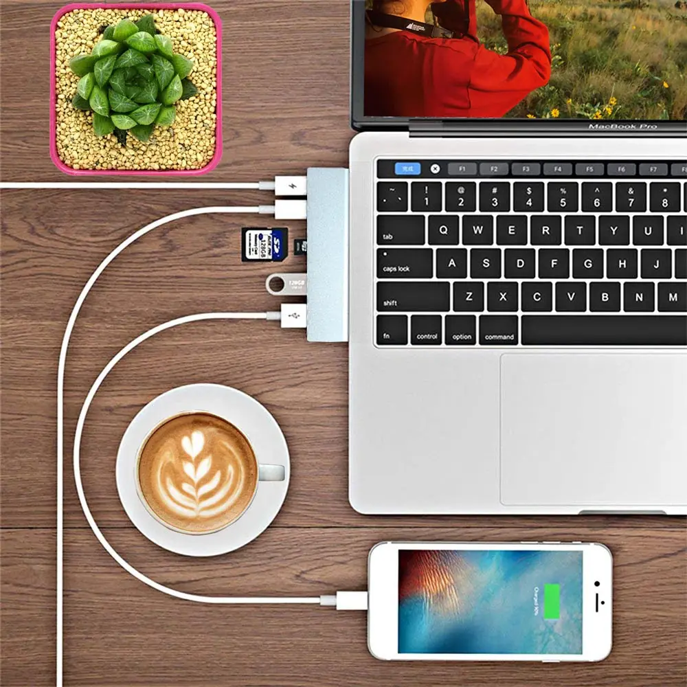 Ingelon multi usb3.0 otg usb hub USB C to HDMI 7in1 Thunderbolt 3 Adapter for MacBook Pro 13 and 15 Double Type C usb 3.0 hub (6)