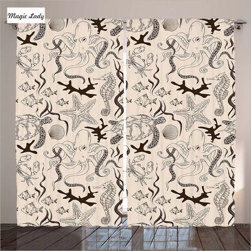 Curtains Window Decoration Living Room Bedroom Illustration Marine Octopus Crab Seahorse Beige BrownMagic Lady|curtain window|window curtain living