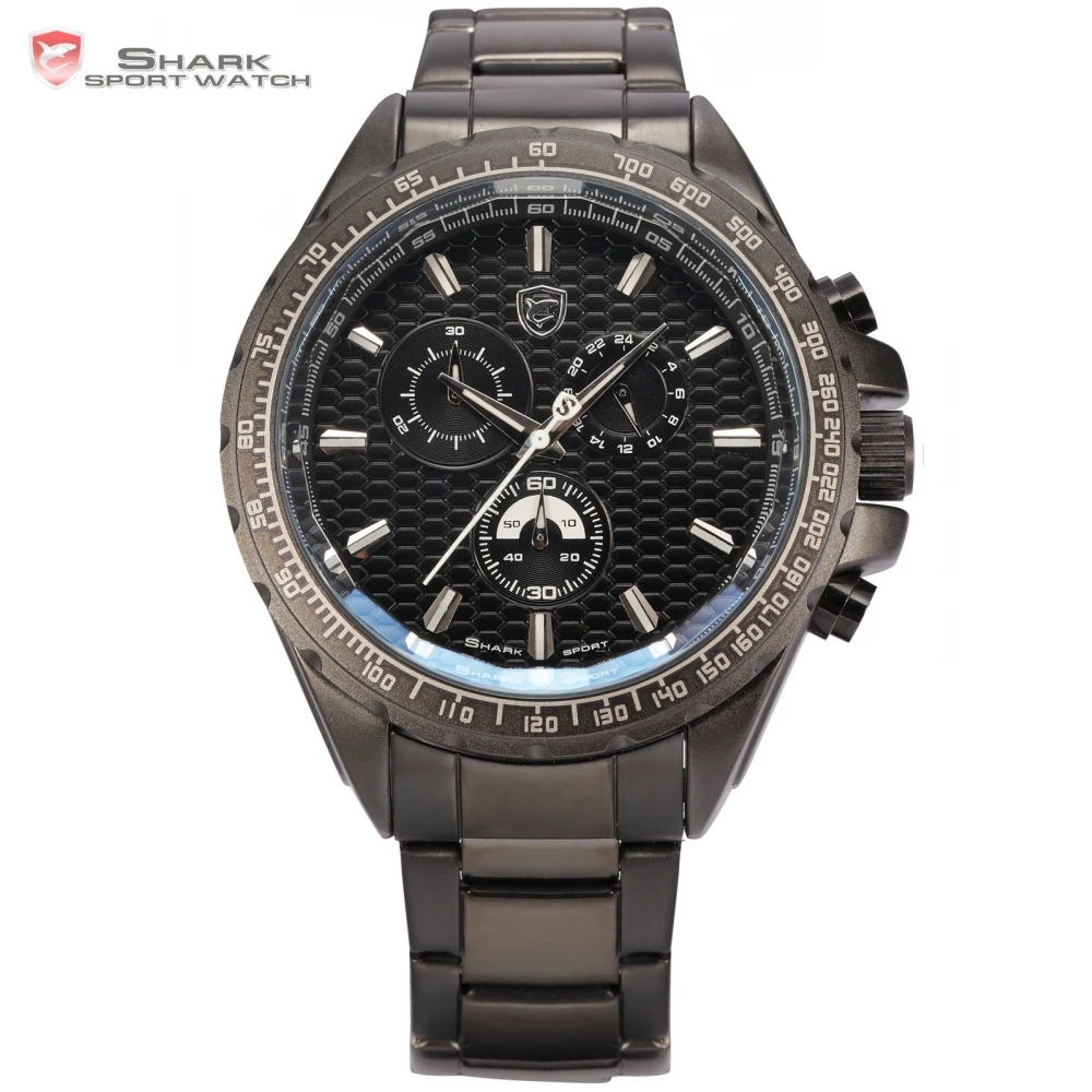 

Steel Frilled Shark Sport Watch 6 Hands Black Bezel Stopwatch 24 Hours Stainless Band Quartz Mens Military Wrist Watches / SH188
