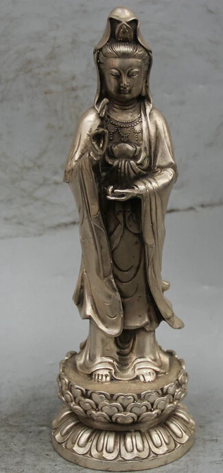 

12" Chinese Buddhism Silver Stand Kwan-yin Guan Yin Goddess Boddhisattva Statue R0710