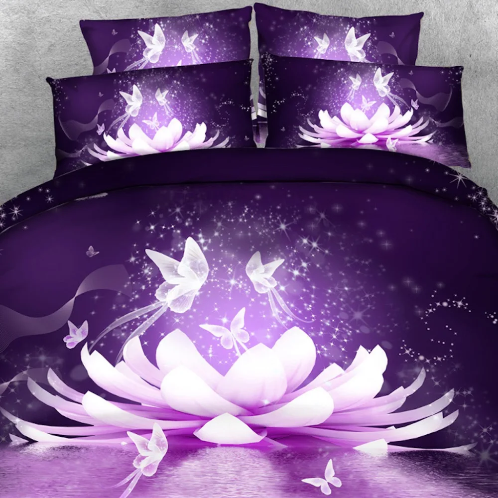 

Royal Linen Source Magical Purple Lotus Blossom Flower and Butterflies Hd 3d bedding set with 3D Blanket Cover