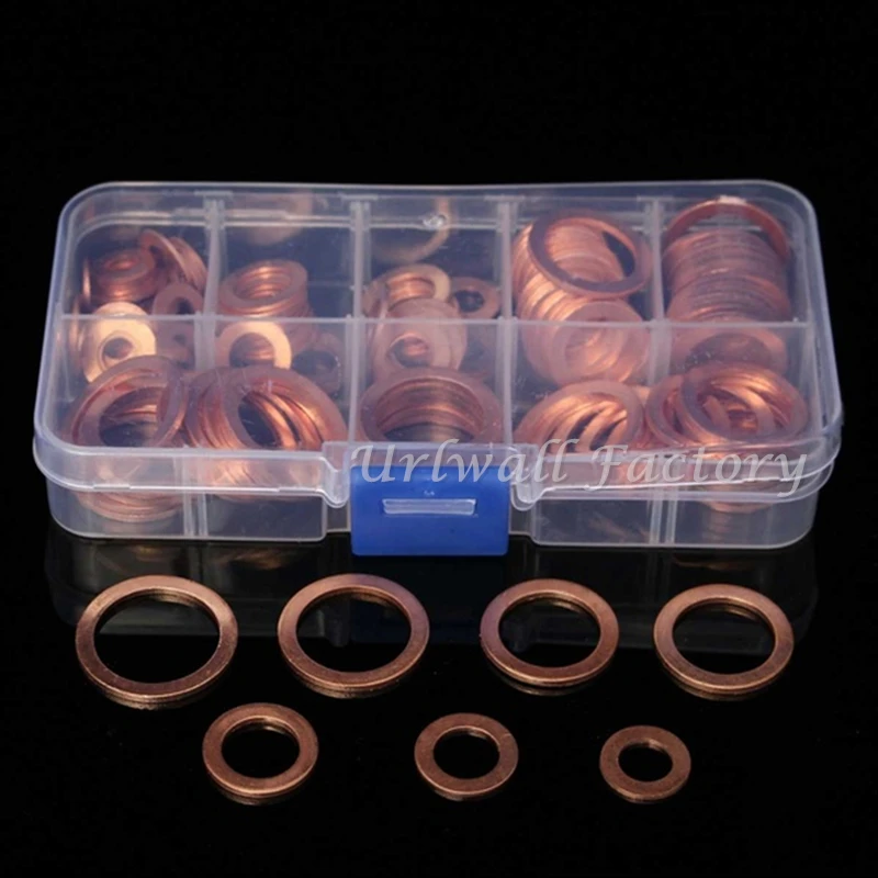 

120PCS/Kit Solid Copper Washers Sump Plug Assortment Washer Set Plastic Box Professional Hardware Accessories 8 Sizes
