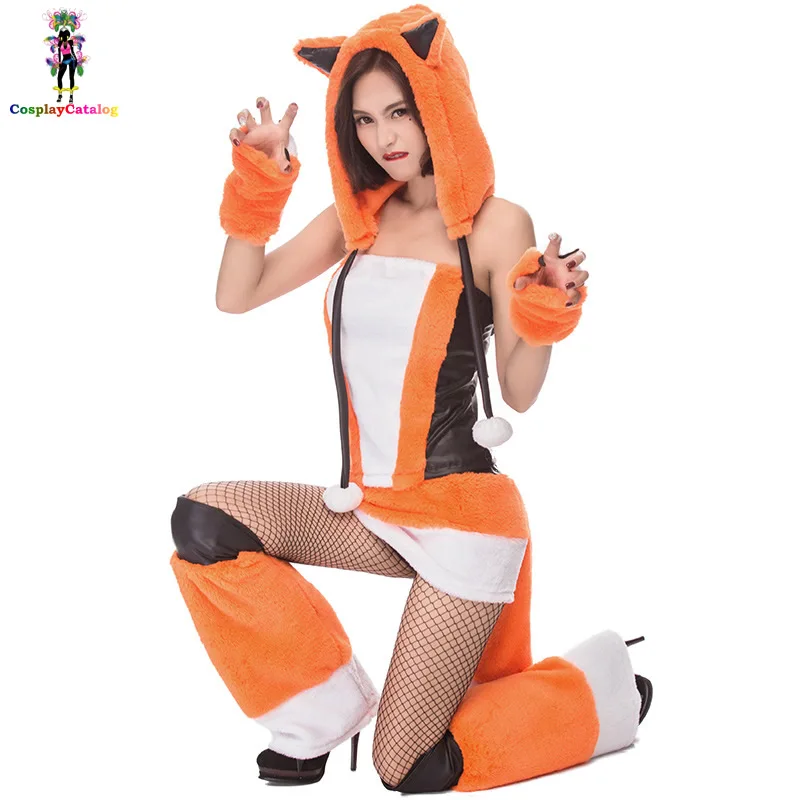 

Halloween Orange Fox Animal NEW Furry Costumes Women Costume with Hat/Tail Cute Catwoman Party Role Adult Fancy Uniforms