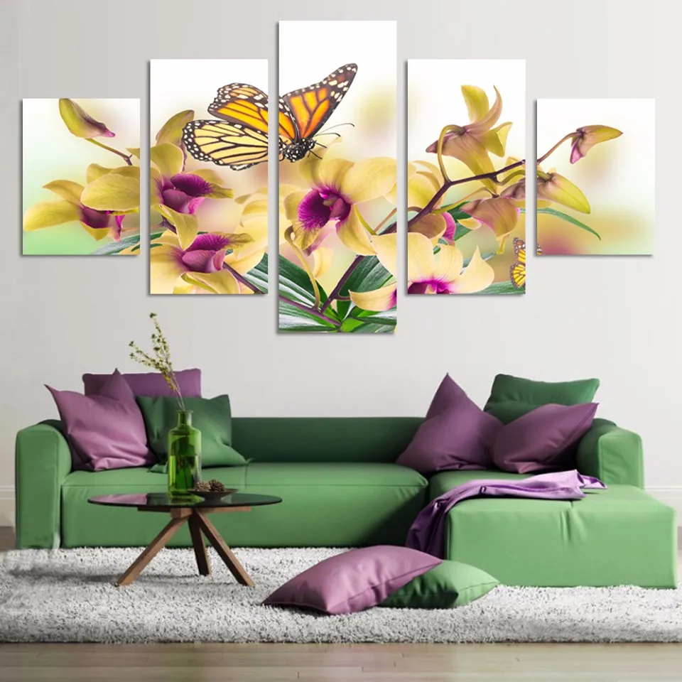 

Printed Picture Modular Painting Modern Wall Art 5 Panel Beautiful Butterfly Yellow Flowers Living Room Decor Artwork Canvas