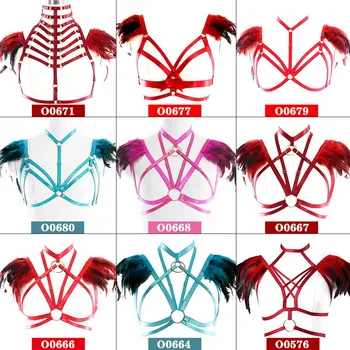 

Red Feathers Epaulettes Body Bondage Adjust Shoulder Harness Caged Bra Lingerie Angel Wings Bralette BurningMan Dance Rave Wear
