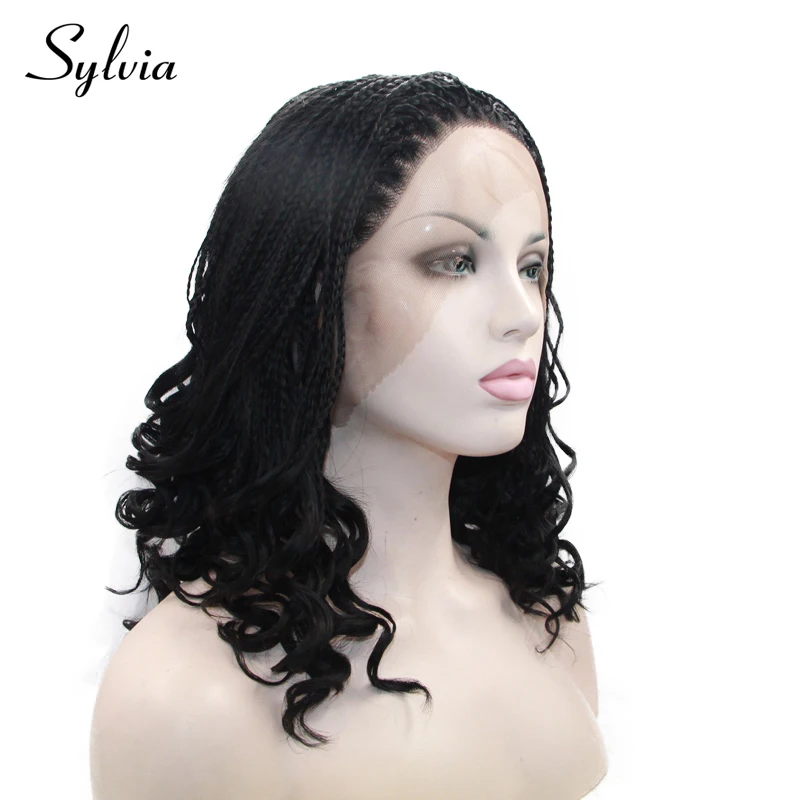 Sylvia 1b# черные микро плетение с вьющимися наконечниками синтетические парики на кружеве натуральные плетеные косички термостойкие парики для волос