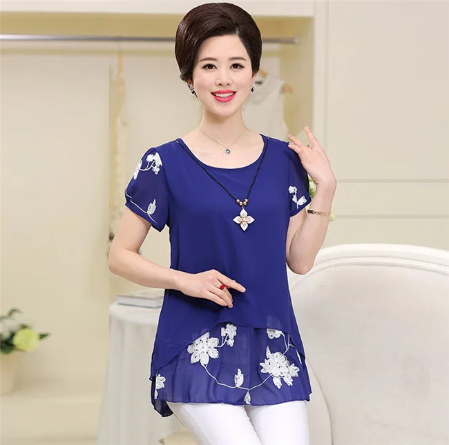 Large Size Women Short Sleeve Chiffon Shirts Mother Double-deck