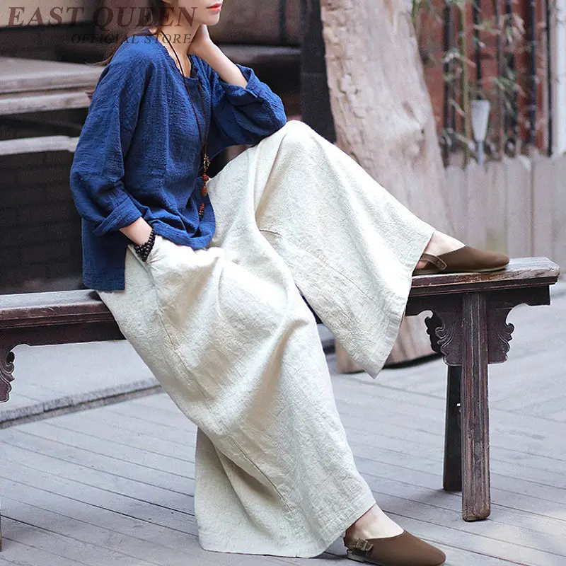 Chinese style linen Palazzo culotttes femme wide leg pants women female loose baggy ladies elegant pants trousers FF1268