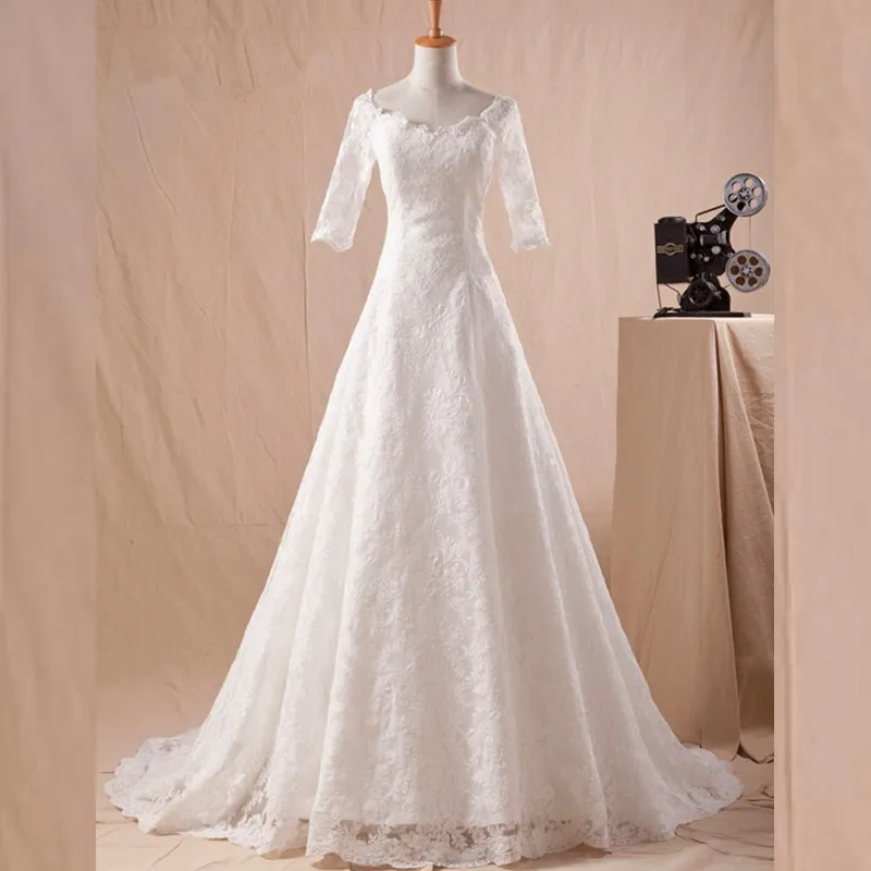 

2017 New Lace Wedding Dresses White/Ivory Formal Wedding Gowns with Half Sleeve Glamorous A-Line Vestidos De Novia Bridal Gown