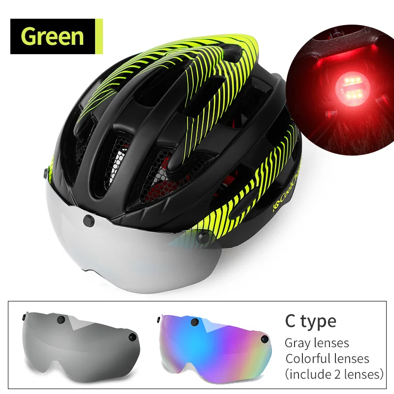 Green 2 Lenses Coolchanger интегрированный литой мужской и женский велосипедный шлем с задней защитой Предупреждение предупреждающий свет, ветрозащитные очки, велосипедный шлем MTB - Цвет: Green 2 Lenses