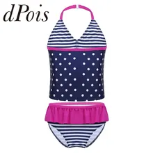 Летний детский купальник Танкини из 2 предметов для девочек, купальный комплект в горошек с воротником в горошек, пляжный купальник, комплект из топа и штанов