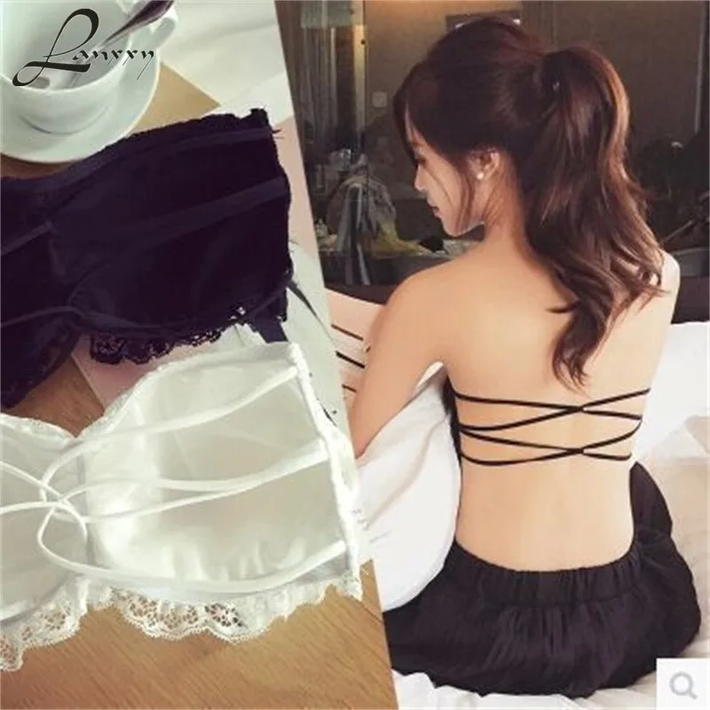 Lanxxy Lace Strapless Tube Top Cross Sexy Bra Crop Tops Blusa De Renda Padded Tube Bra Black and White Lace Bralette