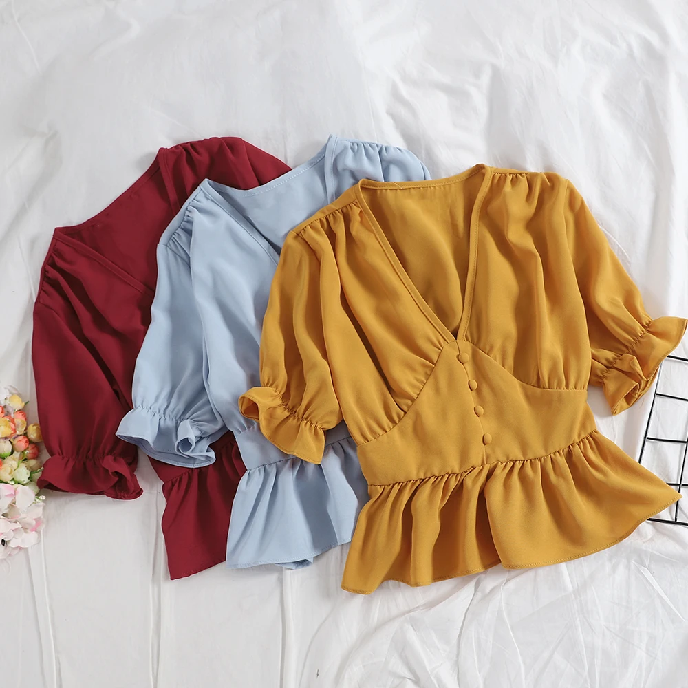 

2019 Women Summer V-Neck Half Flare Sleeve Basic Button Shirt Casual Short Slim High Waist Chiffon Pullover Ruffles Blouse Tops