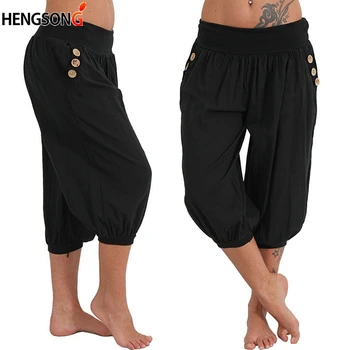 

Solid loose casual pants calf-length elastic waist button pocket capris women clothing female pants big size hip hop pants women