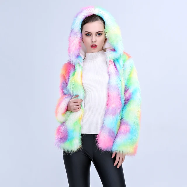 Multi Color Women Faux Fur Coat 2018 Winter Thick Warm Colorful ...