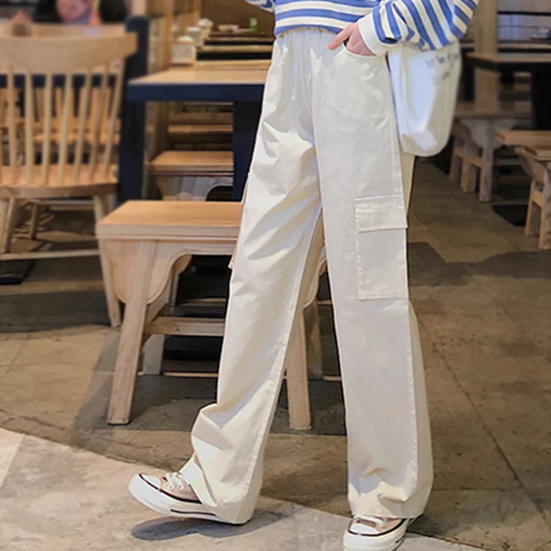 

High Waist Summer 2019 New Women's Pants Solid Color Pocket Nine Points Overalls Women Casual Loose Straight Pants Women White