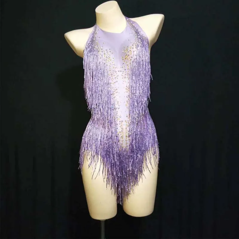 

Sparkly Rhinestones Tassel Leotard Nightclub Dance Show Stage Wear Bodysuit Party Female Stage Jazz Dance For Singer Outfit