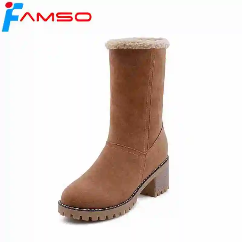 

FAMSO Size34-43 2019 New Fashion Women Boots 5Colors High Heels Mid-Calf Brand Designer Russia Water Full Fur Snow Boots
