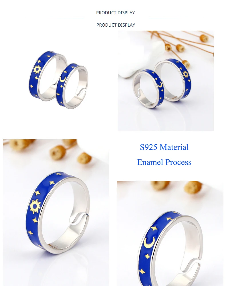 Qevila Rings Genuine 925 Silver Van Gogh Gold Moon Star Sun Enamel Canvas Finger Ring Romantic gifts for Women men Lover Jewelry (10)