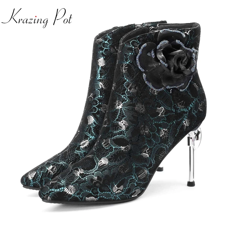 

Krazing Pot 2018 printed special sheep suede pointed toe party wedding flowers mature lady elegant brand dating ankle boots L11