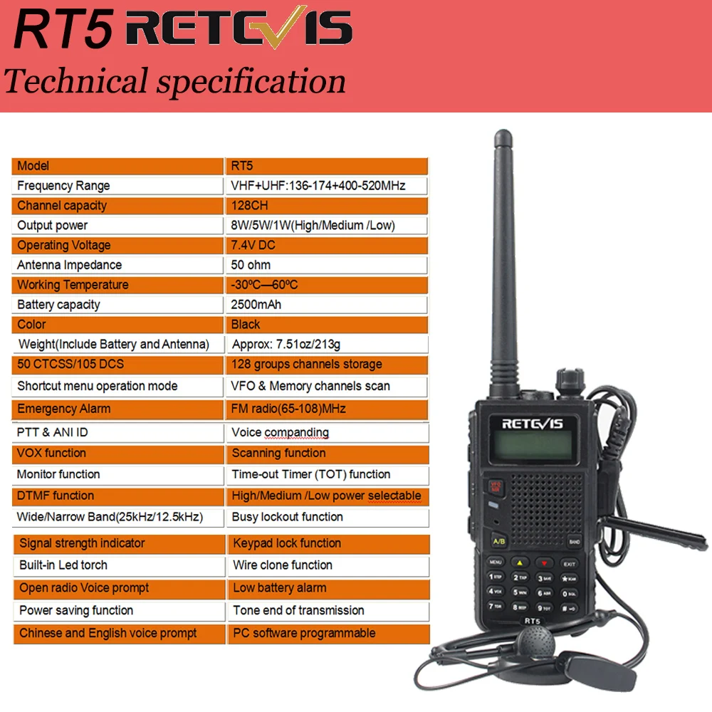 Retevis RT5 Walkie Talkie 7W 128CH VHF UHF Dual Band VOX FM Radio Scanner Amateur cb 4
