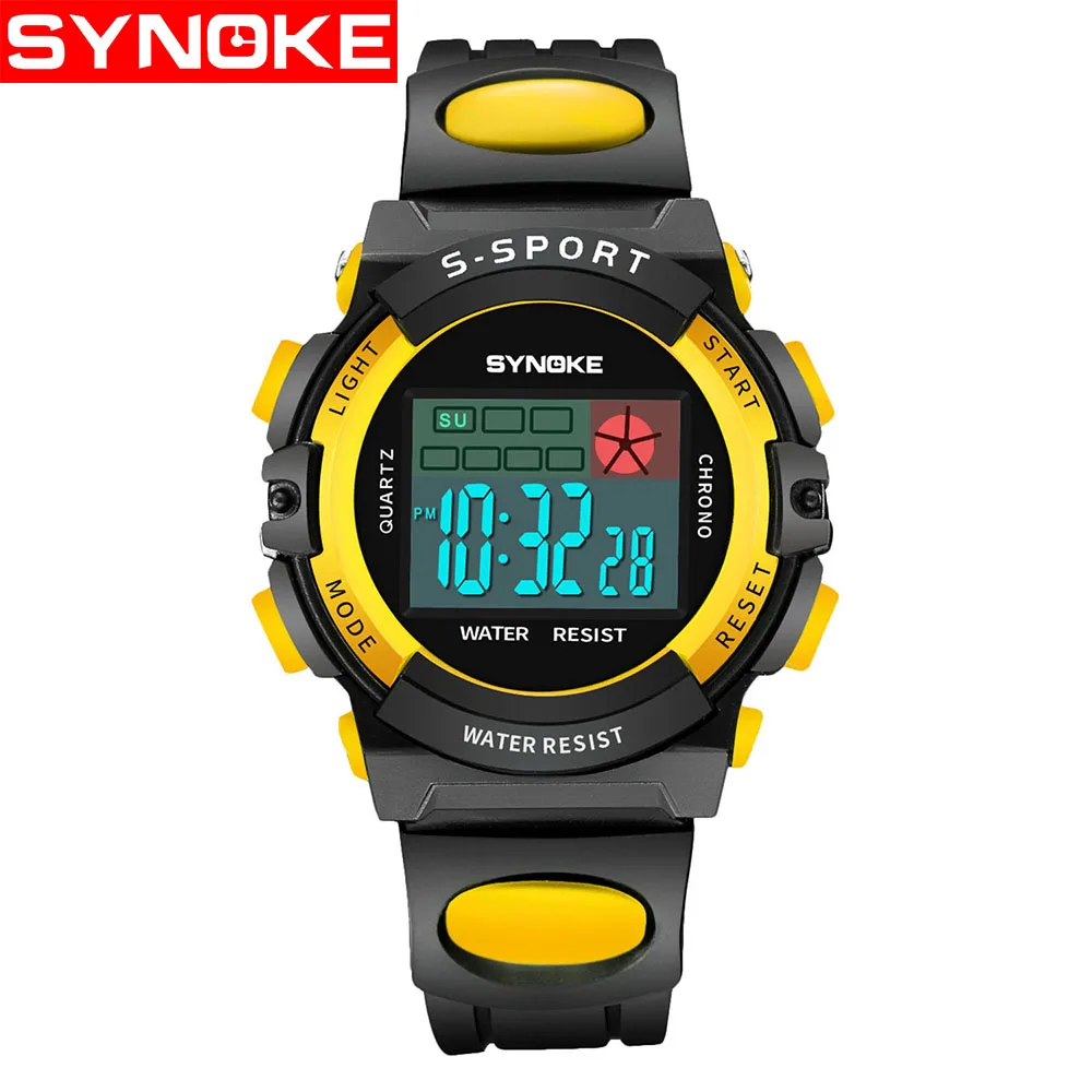 SYNOKE, водонепроницаемые детские часы, детский цифровой светодиодный Будильник для мальчиков, спортивные наручные часы с датой, топ купон - Цвет: Yellow
