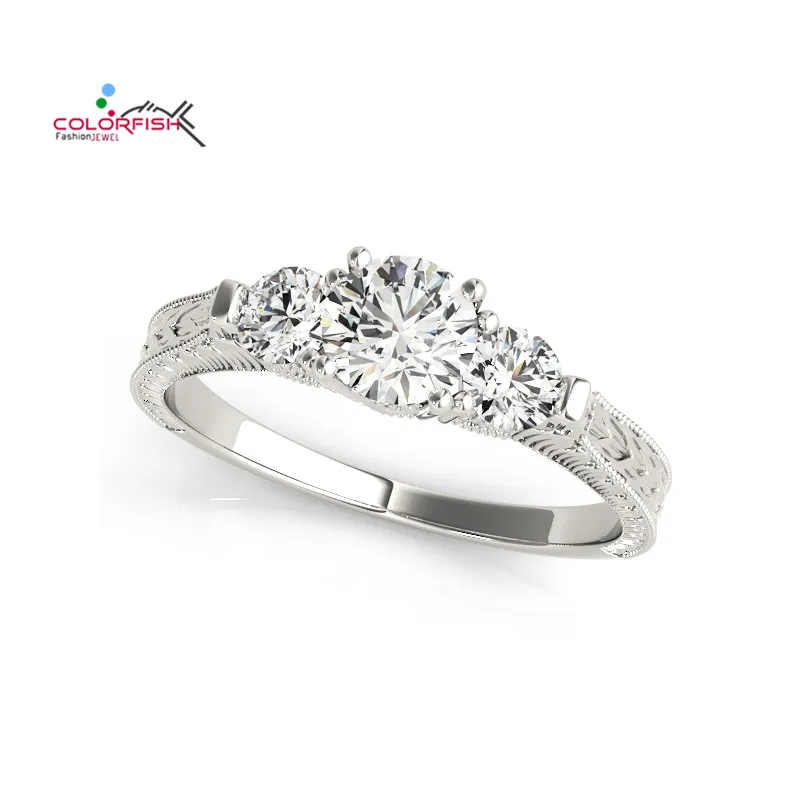 

COLORFISH Retro Three Stones Engagement Ring For Women 925 Sterling Silver 0.5 CT Center Sona Anniversary Jewelry Female Rings