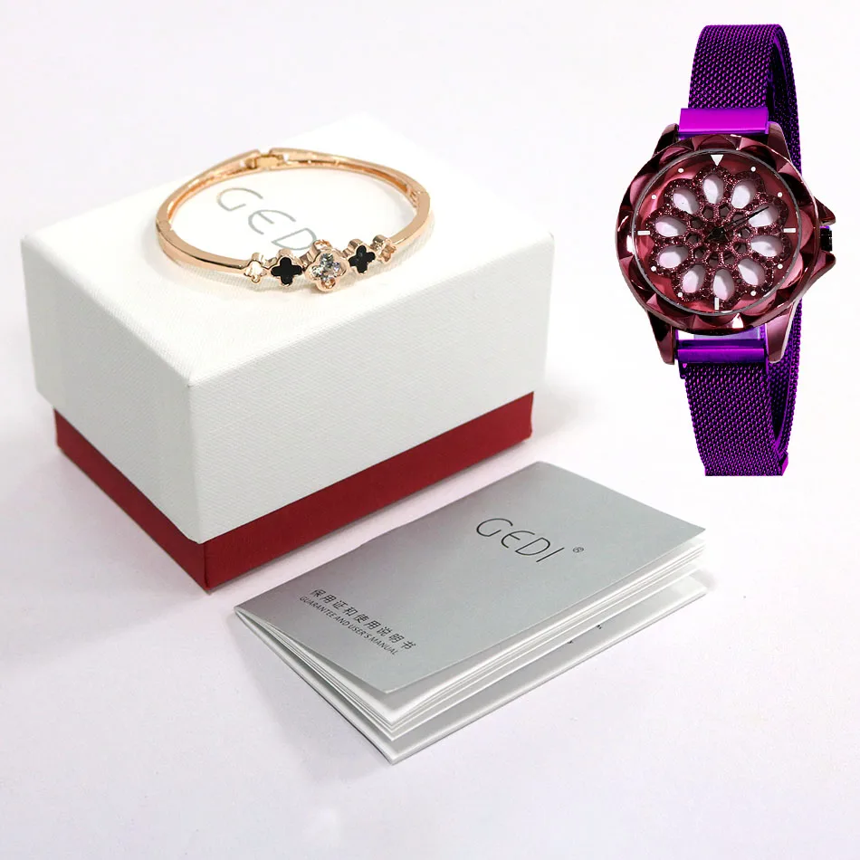 GEDI Women Watches Women Fashion Clock Ladies Watch Top Luxury Brand Quartz Wristwatch Gifts for Women Magnet Mesh Belt New - Цвет: Purple Box