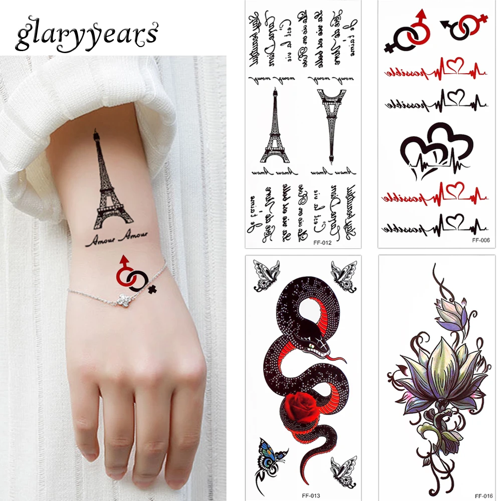 145 Glaryyears 3 Pièceslot Lettre Décalque Temporaire Tatouage Lotus Fleur Corps Doigt Poignet Art Pour Femmes Hommes Faux Noir Tatouage