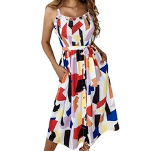 2019 Women Summer Geometric Print Lace Up Sundress Spaghetti Strap Ruffle Sashes Party Dress Button Holiday Boho Beach Dresses 2019 Women Summer Geometric Print Lace Up Sundress Spaghetti Strap Ruffle Sashes Party Dress Button Holiday Boho Beach Dresses