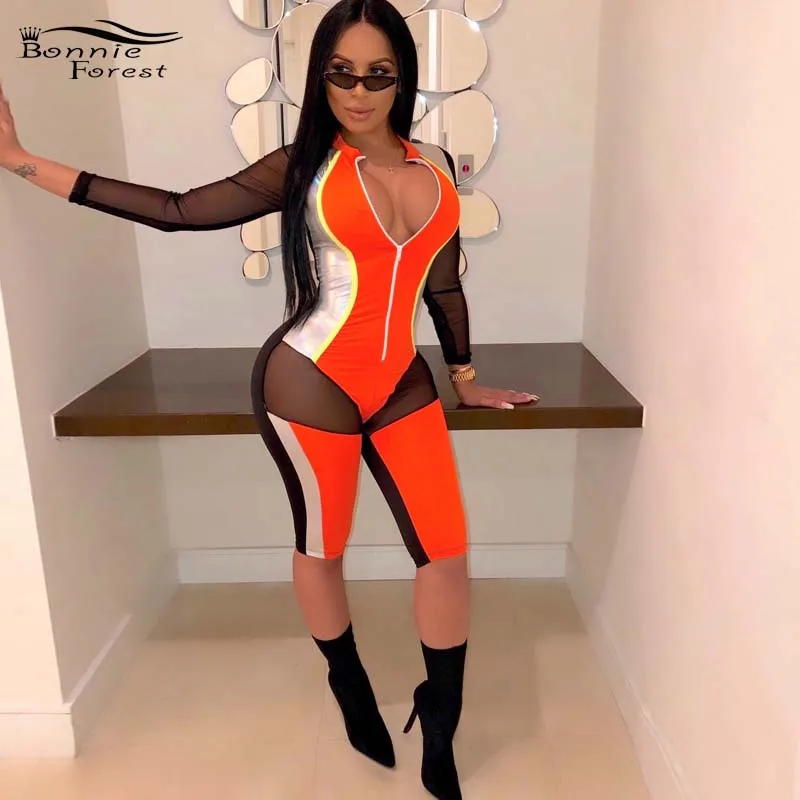

Bonnie Forest Sporty Glow Rompers Womens Mesh Pachwork Unique Color Block Design Romper Plus Size Night Out Playsuit Wholesale