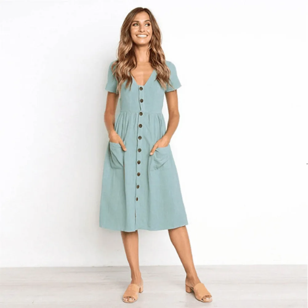 V-neck Short Sleeve Cotton Dress