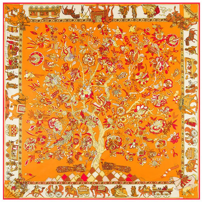 Брендовый шелковый шарф Женская Новая мода Дерево жизни цветочный женский летний платок большой квадратный пашмины саржевый Шелковый платок 130