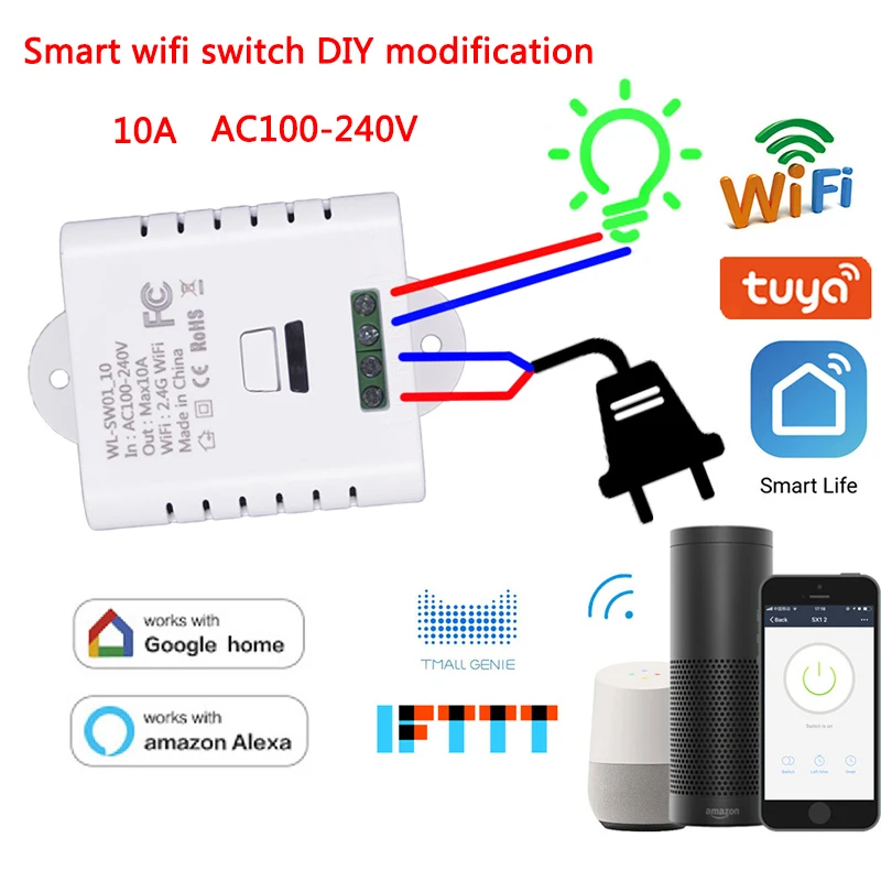 

WiFi Smart Remote Control Switch DIY Modification 10A Tuya/Smart Life App Work With Amazon Alexa  Echo Dot & Google home IFTTT