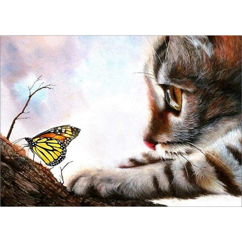 

SASHIKO 100% Full DIY 5D Diamond Painting Full Drill Cute Cat and Butterfly Stitch Diamond Embroidery Patterns Home Decoration