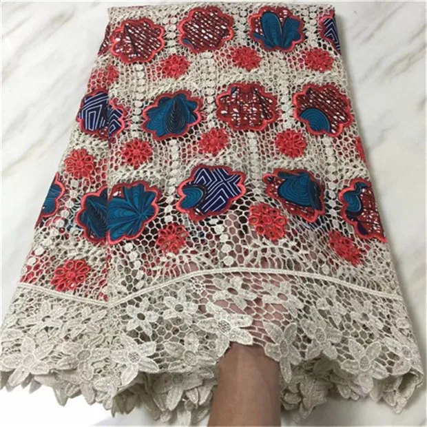

High quality african wax lace fabric with guipure lace cotton embtoidered cord lace ankara wax fabric with stone 5yard/lot PG-28