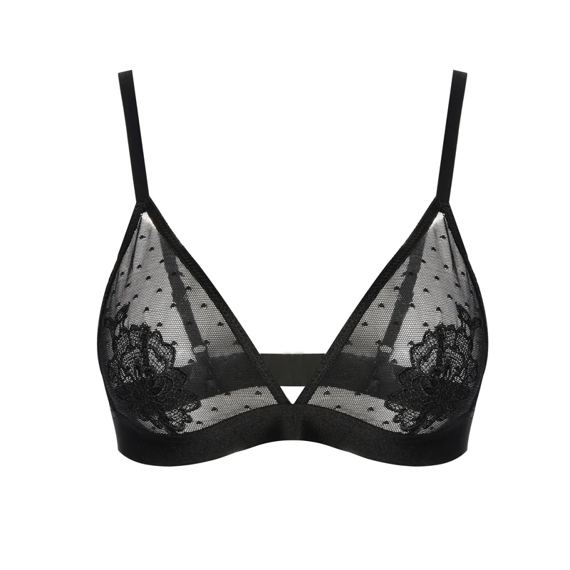 Women Black Elegant Sexy Flower Lace Adjustable Straps Bra Wireless