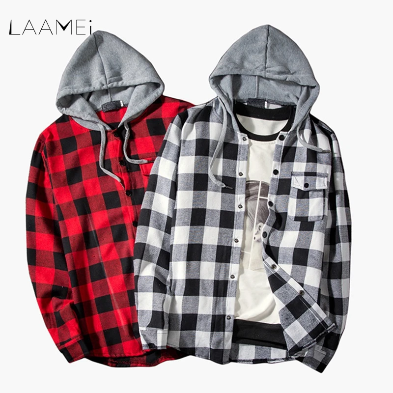 

LAAMEI Men's Fashion Shirt Cotton Hooded Plaid Shirt Male Casual Streetwear With Pocket Cowboy Shirt Slim Fit Full Sleeve Shirts