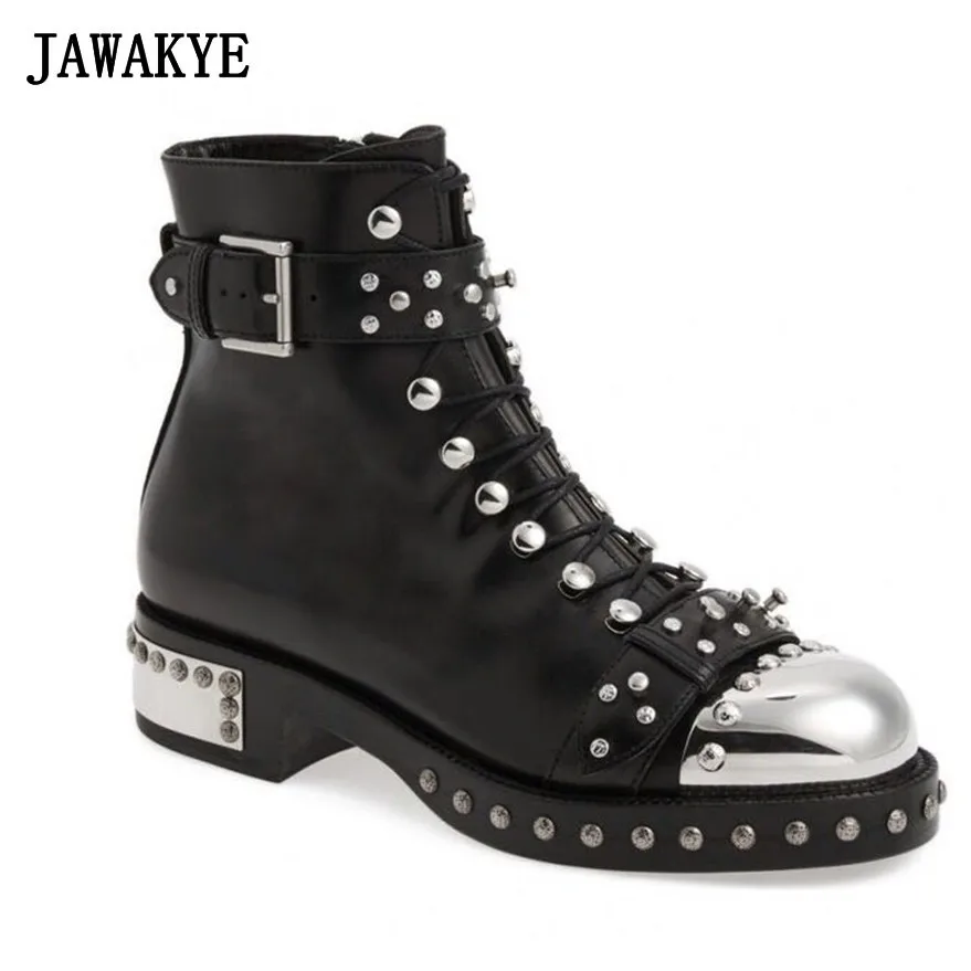 

2017 Punk Style Runway Ankle Boots Women Metal Round Toe Rivet Buckle Motorcycle Boots Woman