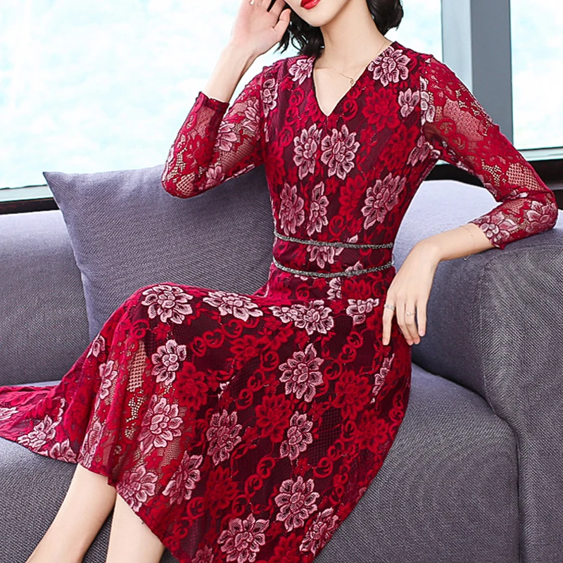 2019 Spring Fall Fashion Women V Neck Lace 3/4 Sleeve Wine Red Blue Patchwork Dress Womens High Waisted Slim Long Dresses | Женская