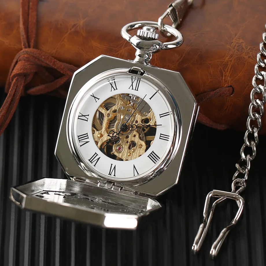 Luxury Silver Half Hunter Mechanical Pocket Watch Irregular Double Tiger Hand Wind Watches Men Women Top Gift For Xmas Birthday (9)